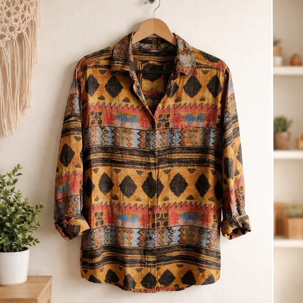 Jane Ashley S Vintage 80s Southwestern Aztec Beaded‎ Rayon Button Down Shirt